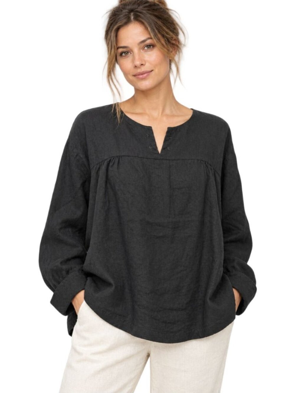 Eskandar 100% Linen Top Black Long Sleeve Boxy Split V-Neck Oversized EUC Size 0